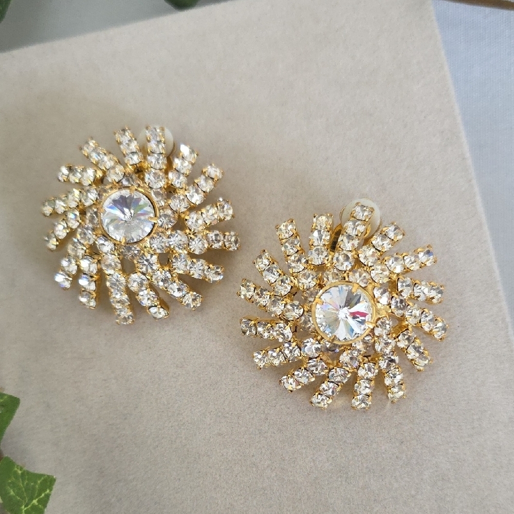 Vintage 80s Gold Statement Clip On Earrings Crystal Rhinestone Starburst